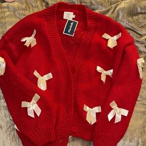 Red Cardigan Sweater with Bows